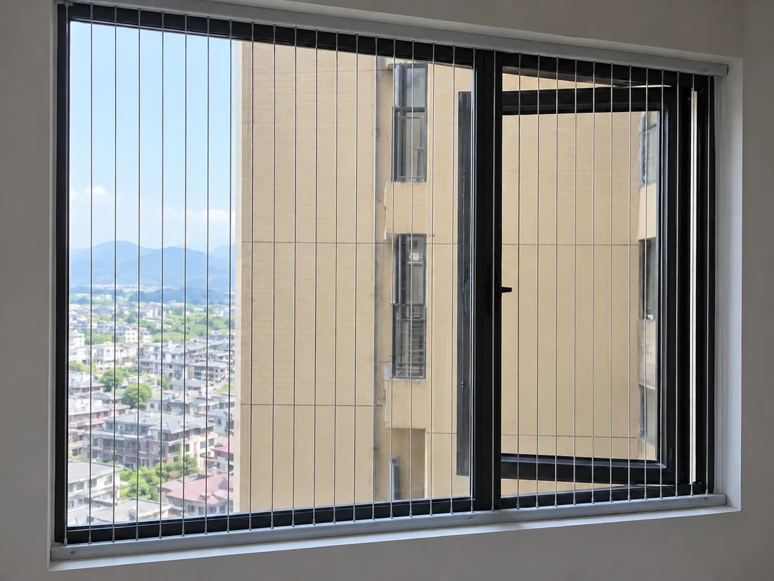 Janela com cabos verticais discretos de aço, em imagem adaptada da referência do produto