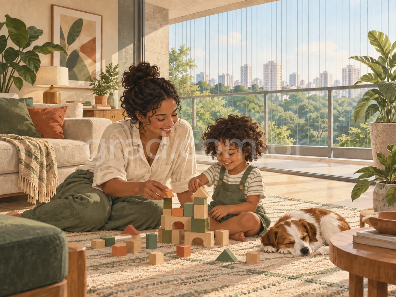Ilustração de mãe e criança brincando juntas no chão, dentro de casa, com proteção na varanda ao fundo