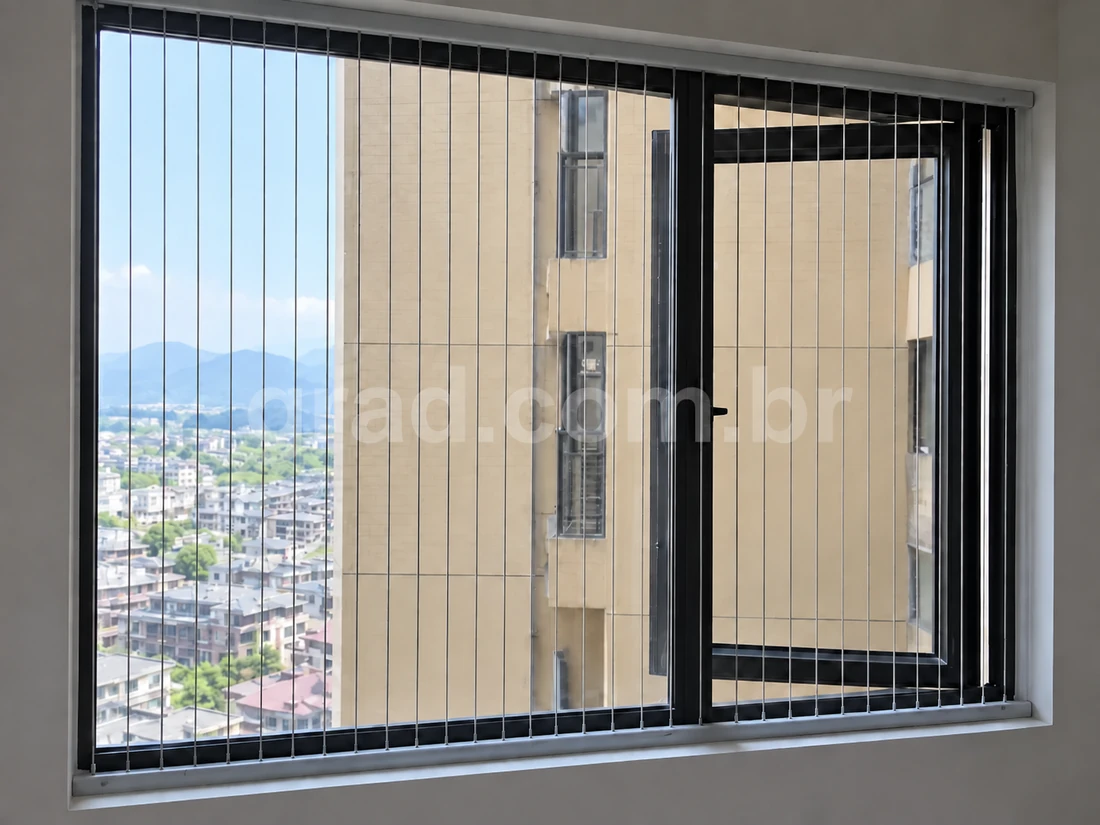 Janela com cabos verticais discretos de aço, em imagem adaptada da referência do produto