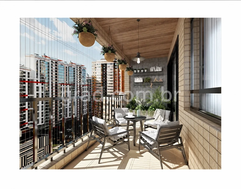 Varanda com poltronas, plantas suspensas e cabos de proteção diante da vista urbana