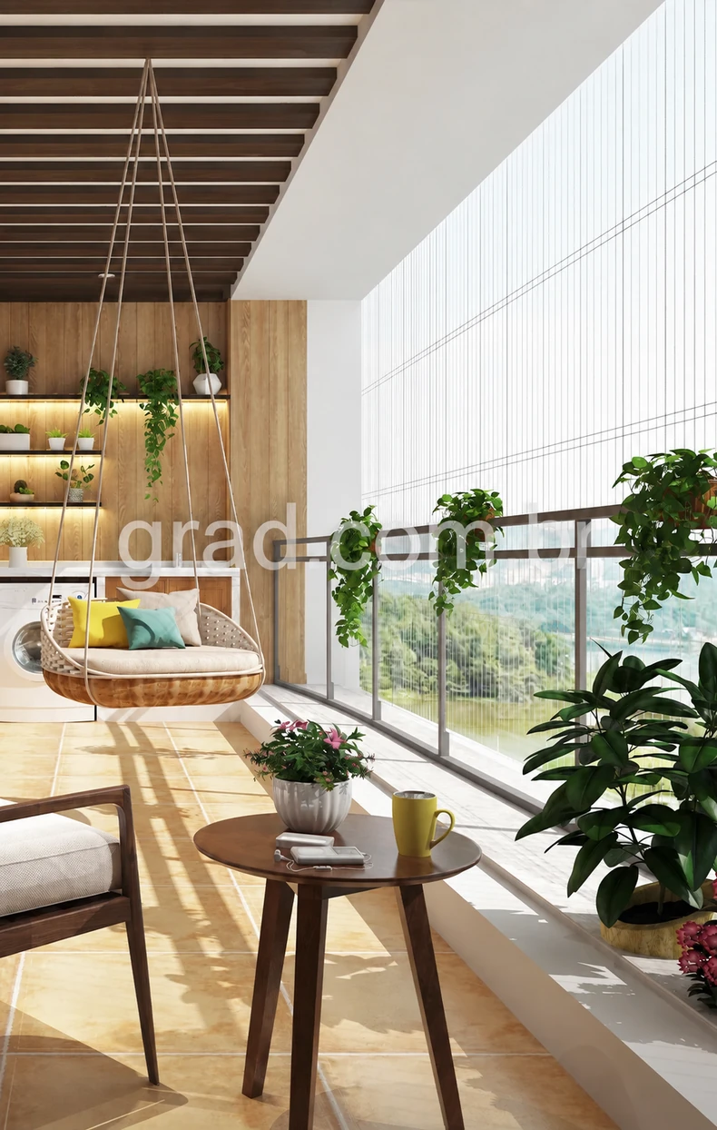 Varanda decorada com plantas e proteção discreta em cabos