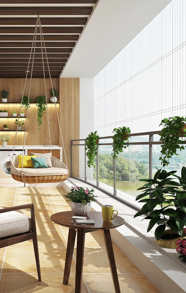 Varanda decorada com plantas e proteção discreta em cabos